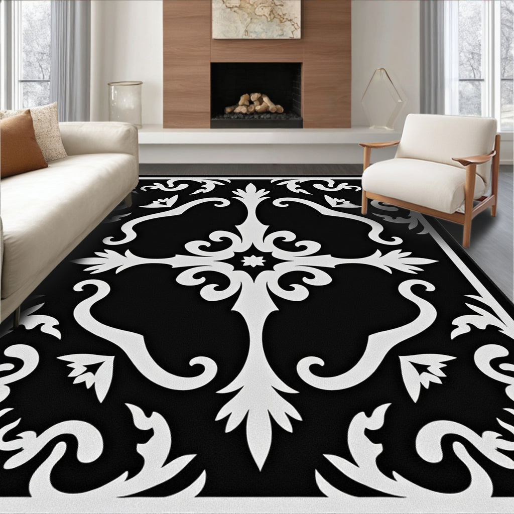 Black White Ornate Filigree Rug
