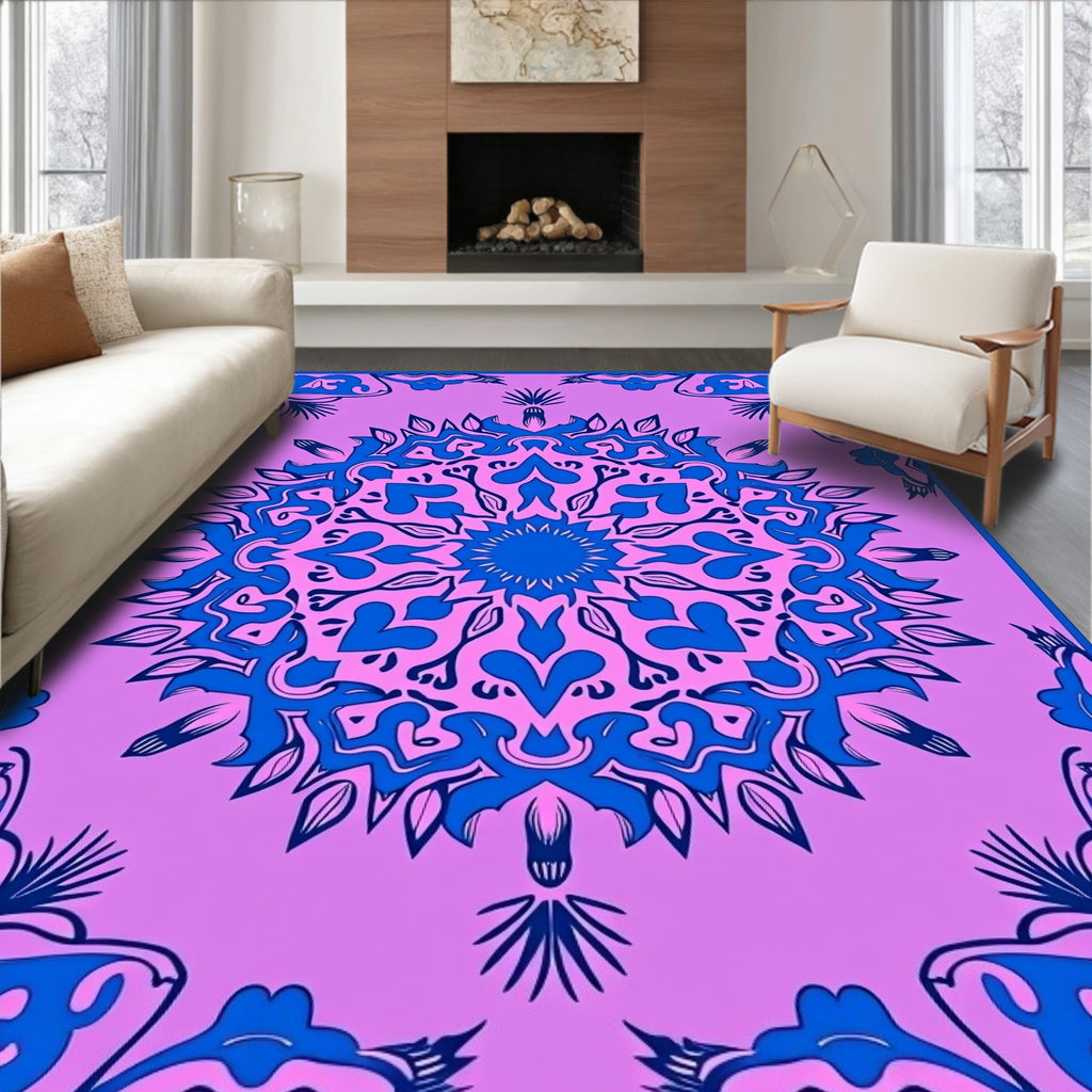 Bold Indigo Floral Mandala Design Rug