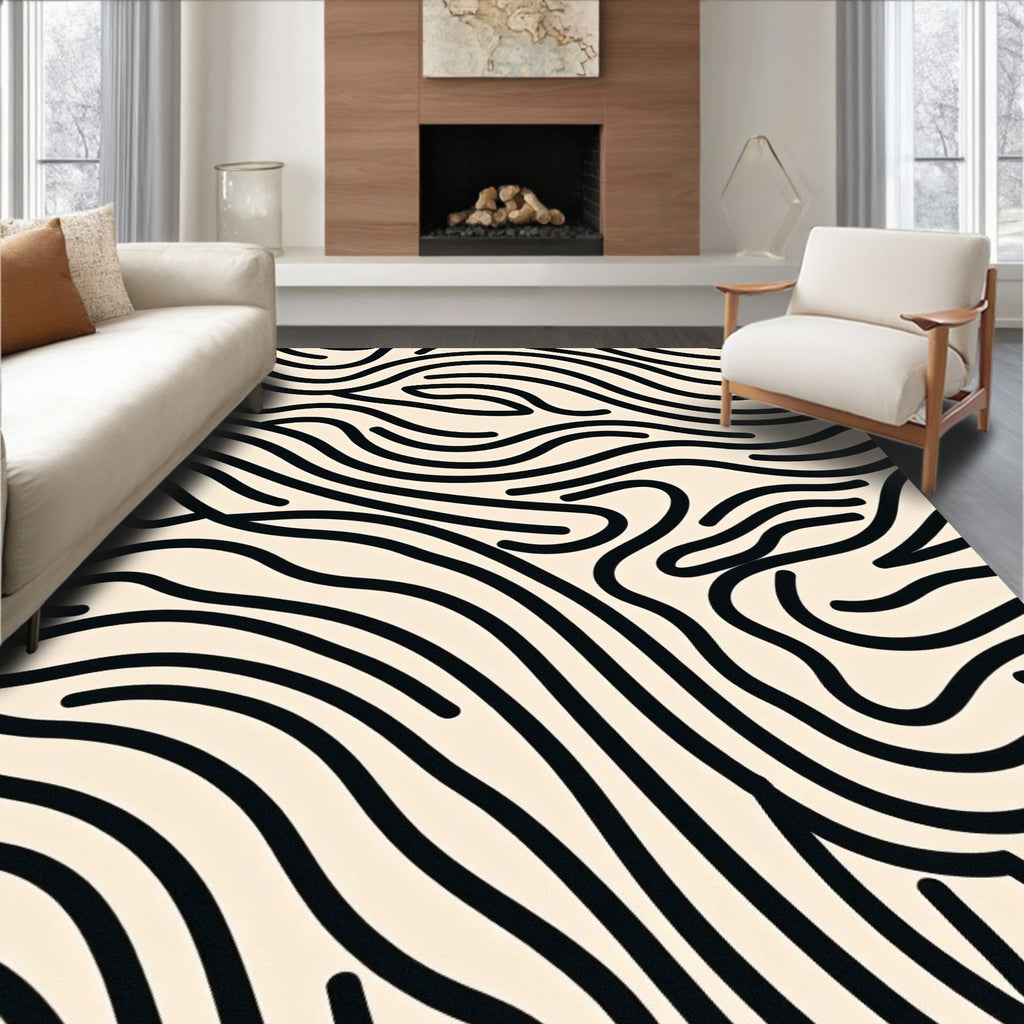 Organic Wavy Black Lines Pattern Rug