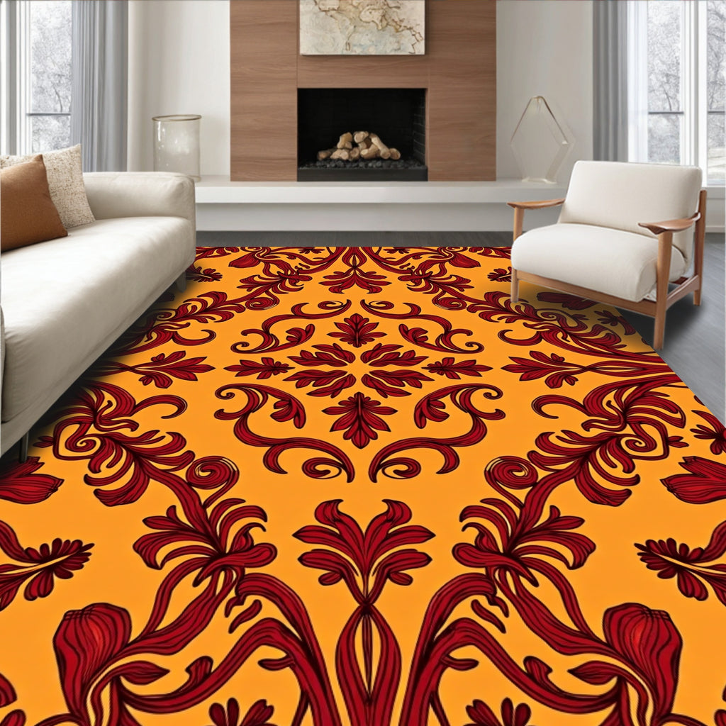 Ornate Red Floral Damask Pattern Rug
