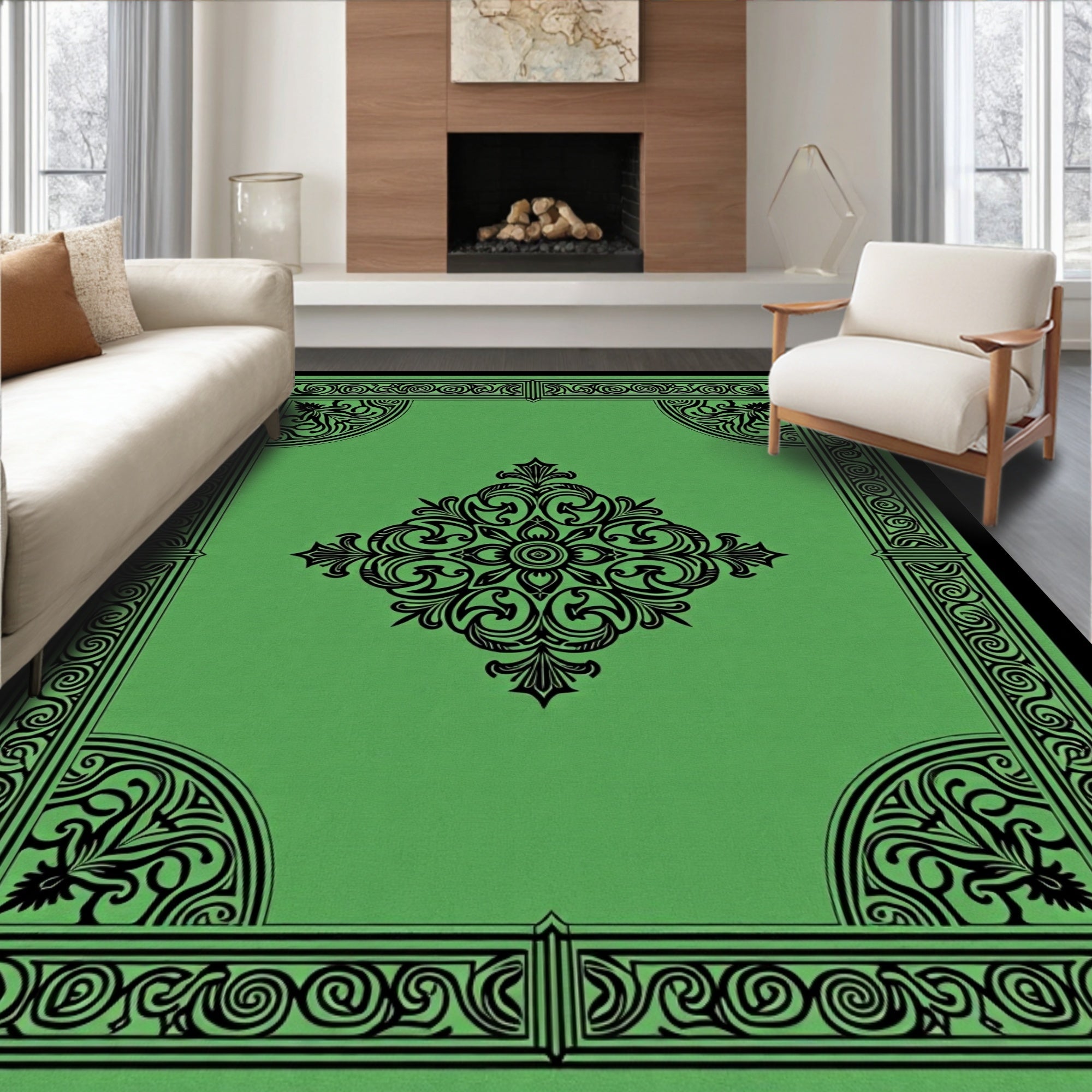 Rich Emerald Green Floral Scroll Rug