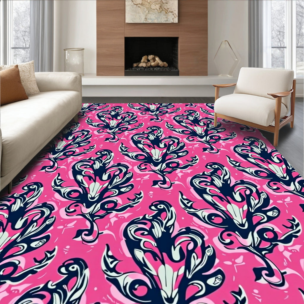 Ornate Pink Navy Floral Design Rug