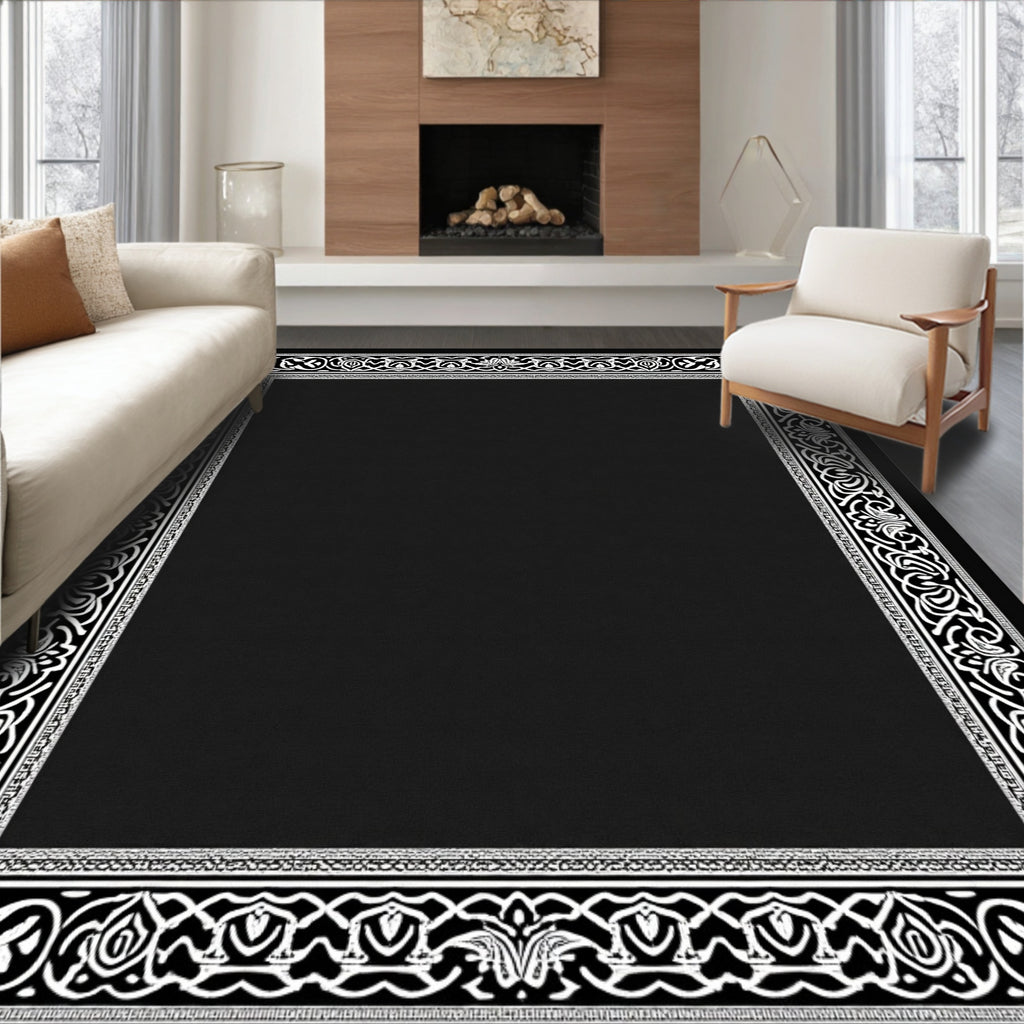 Abstract Black White Interlocking Border Rug