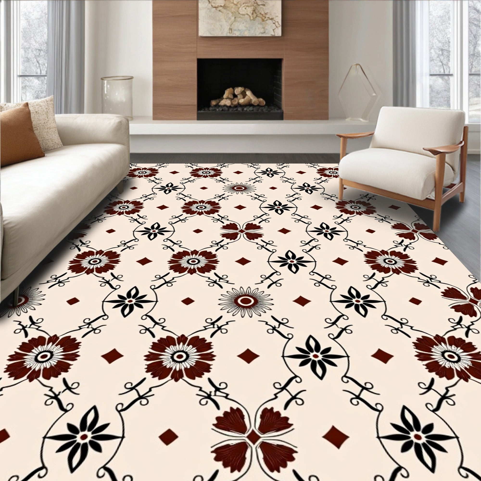 Brown Floral Lattice Pattern Rug