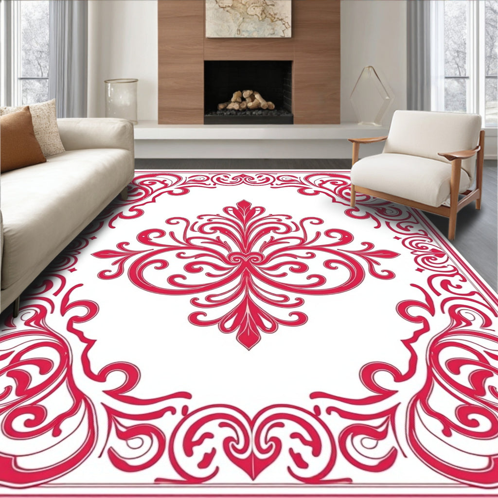 Elegant Red Scrollwork Floral Design Rug
