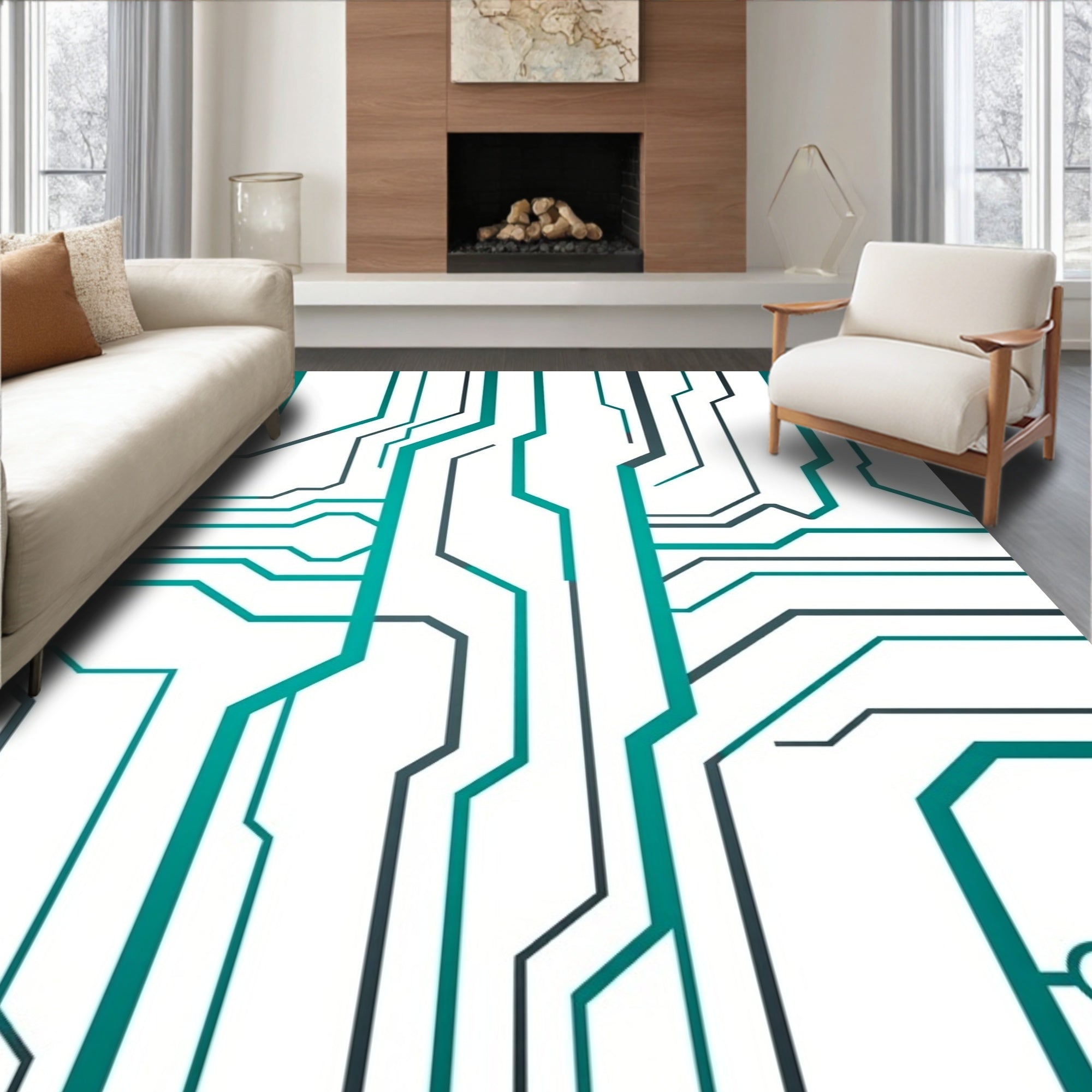 Circuit Board Patterned Teal Rug