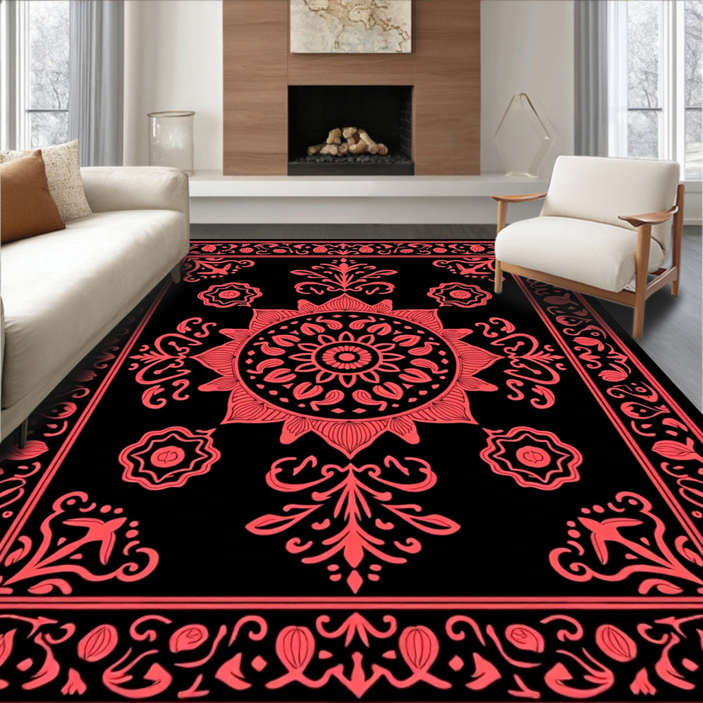 Intricate Red Floral Mandala Design Rug