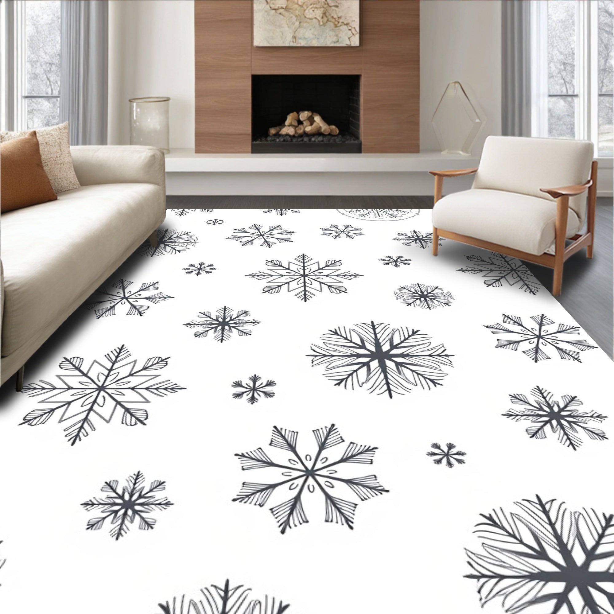 Winter Snowflakes Black White Rug