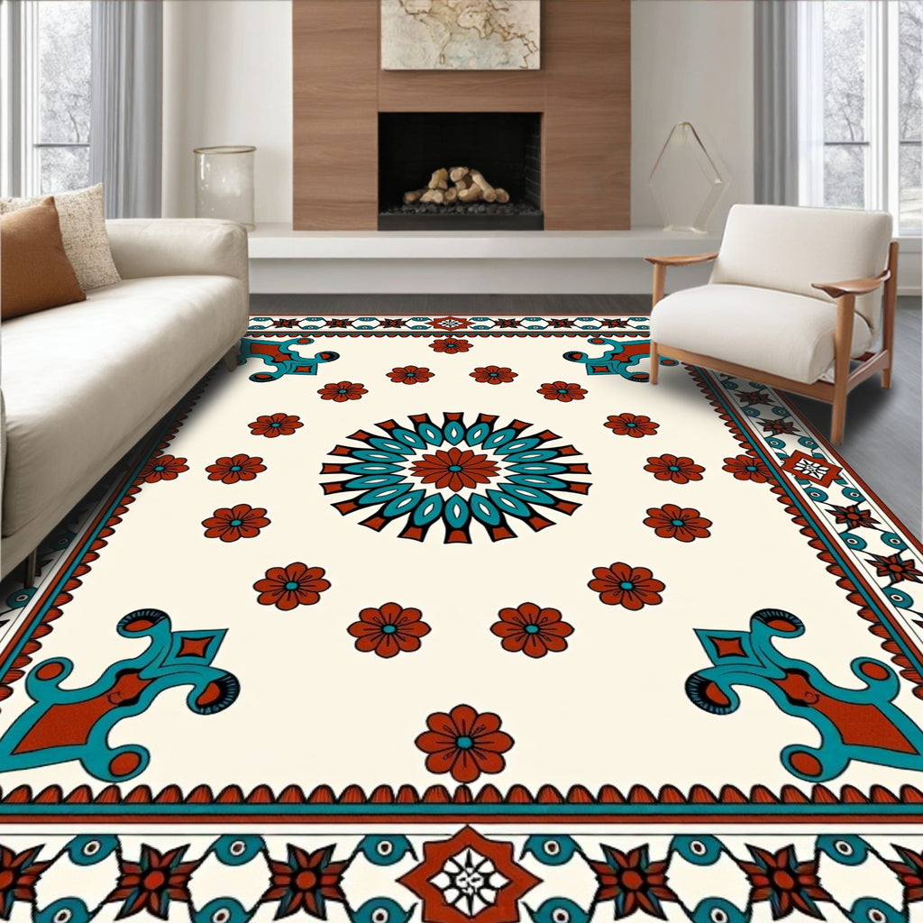 Centered Mandala Floral Bordered Design Rug