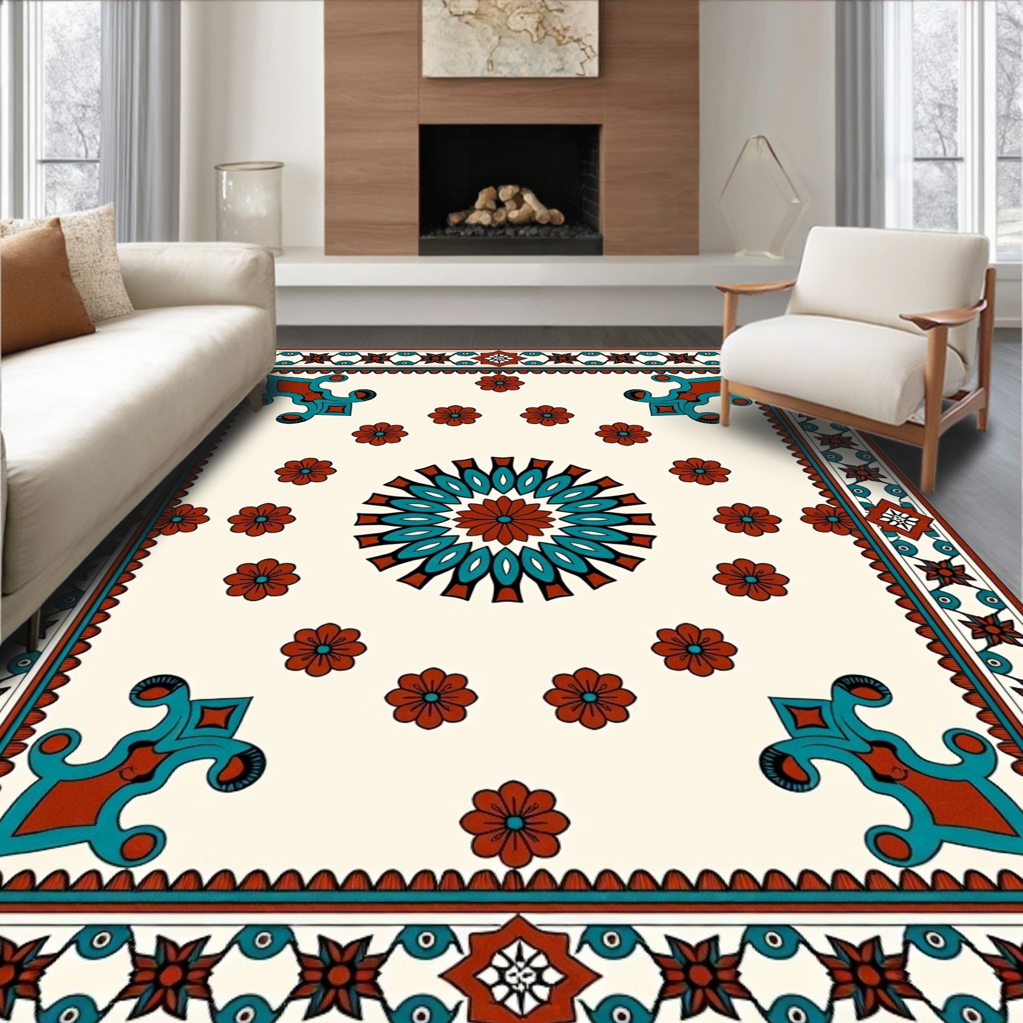 Centered Mandala Floral Bordered Design Rug