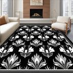 Damask Floral Black White Pattern Rug
