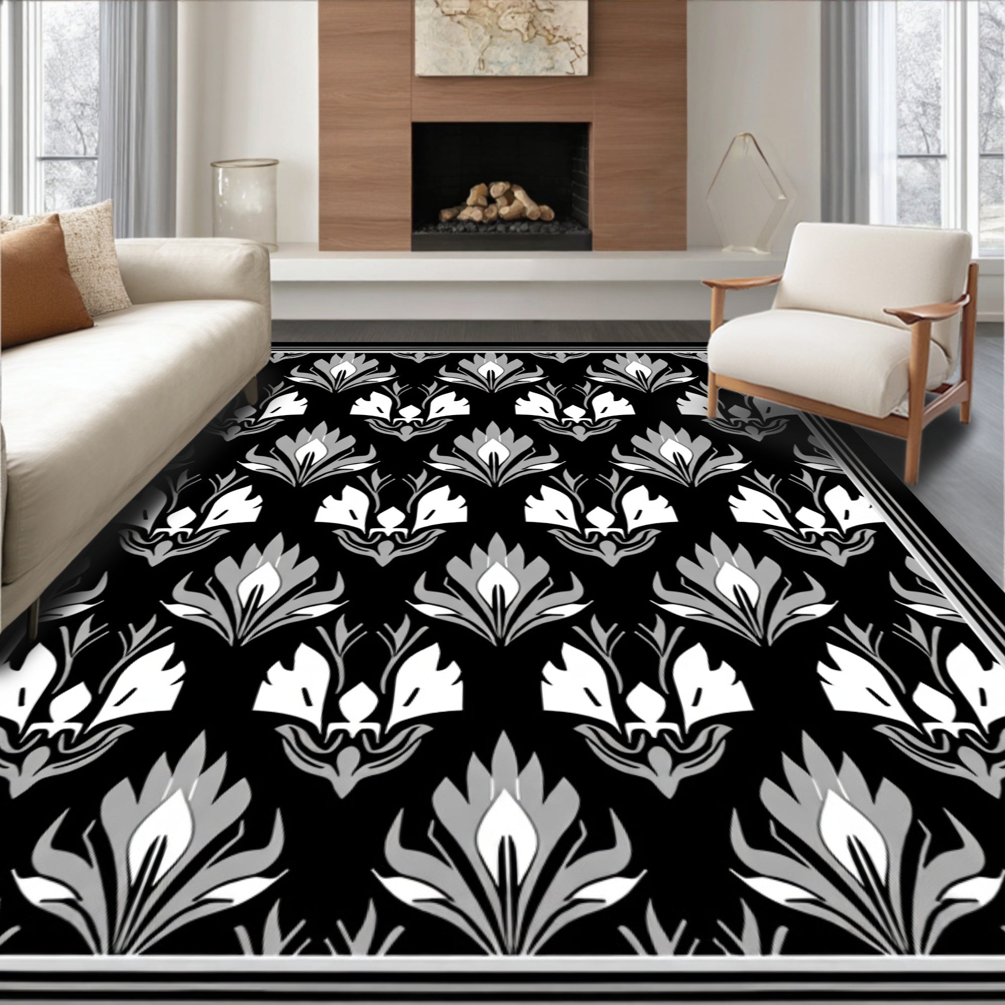 Damask Floral Black White Pattern Rug