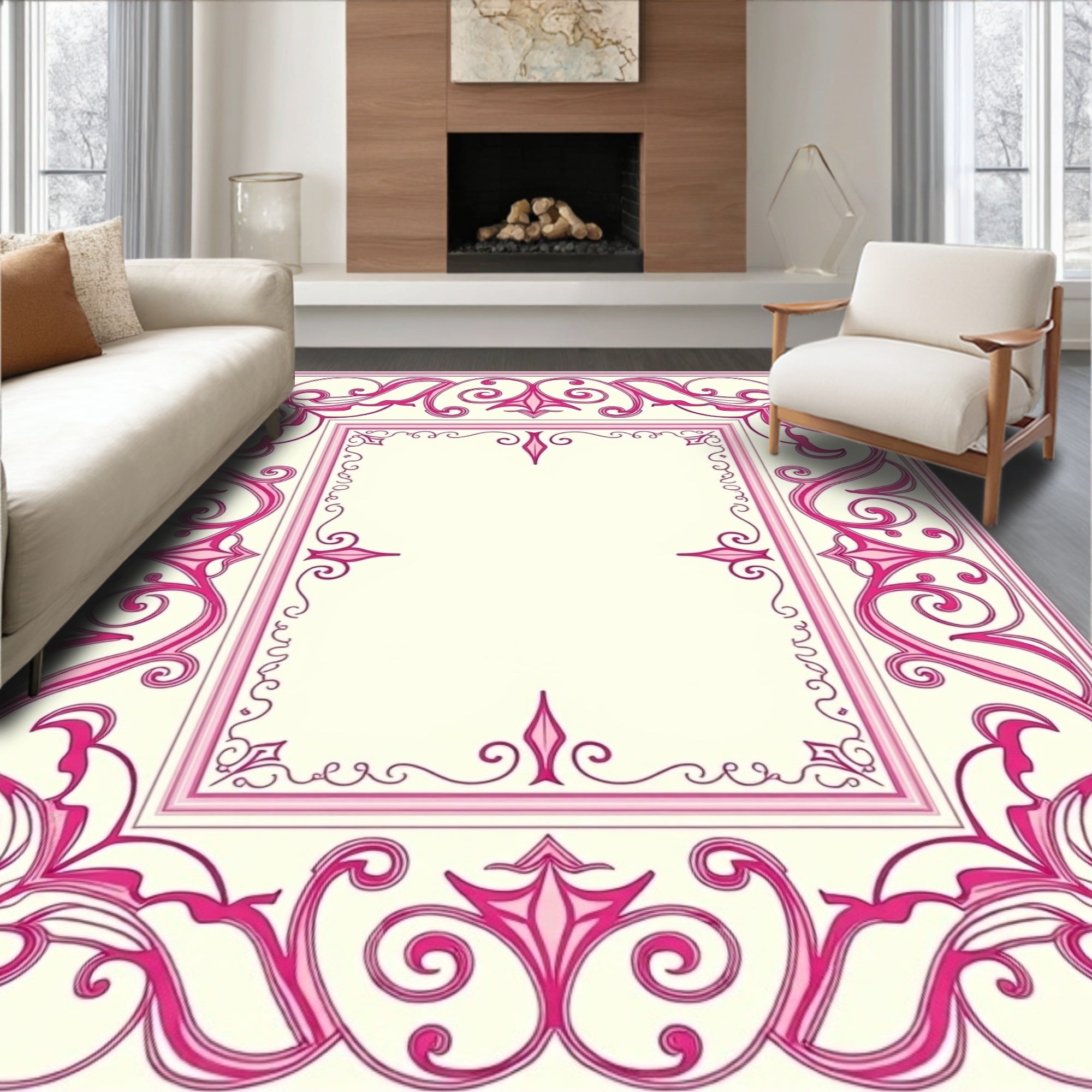 Ornate Pink Floral Scroll Border Rug