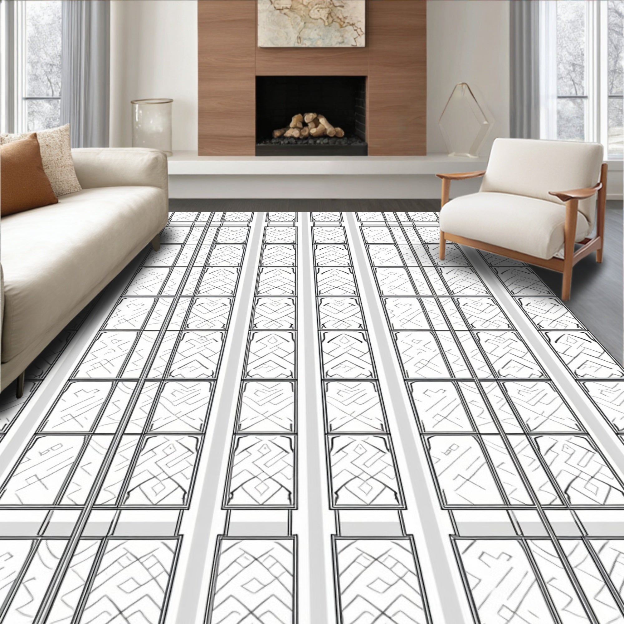 Linear Geometric Grid Pattern Rug