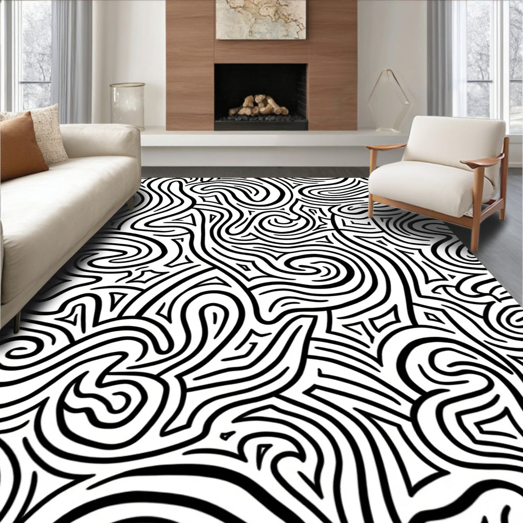 Abstract Black White Swirl Pattern Rug