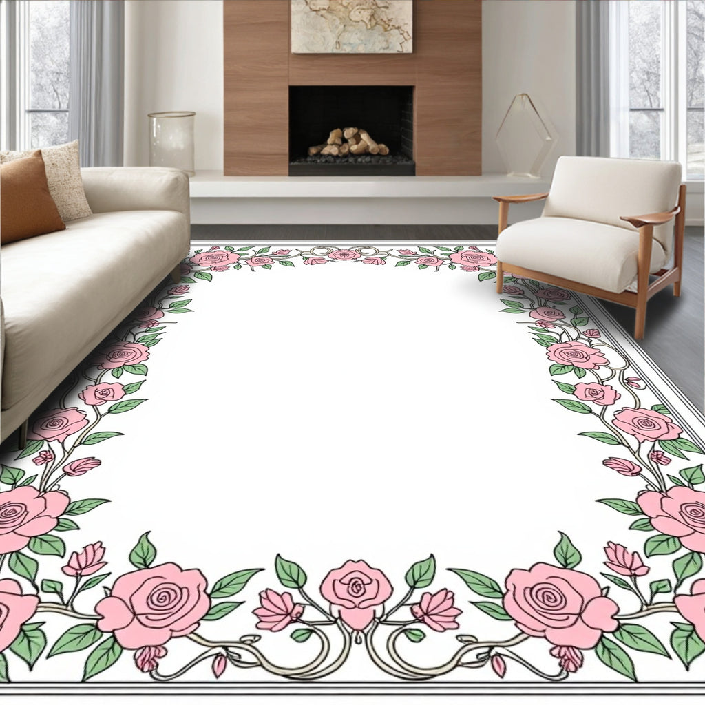 Floral Vine Pink Rose Pattern Rug