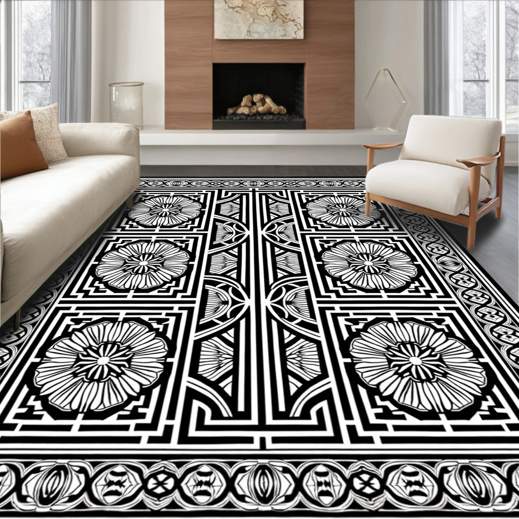 Classic Black White Floral Geometric Rug