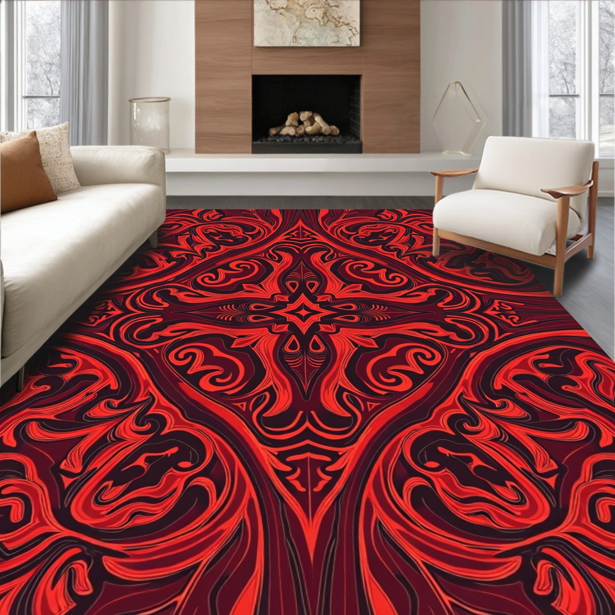 Rich Red Ornate Swirl Pattern Rug
