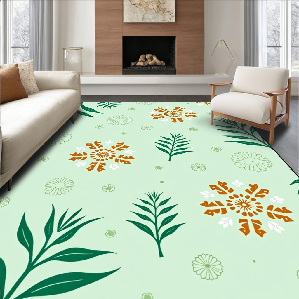 Orange Snowflake Green Leaf Pattern Rug