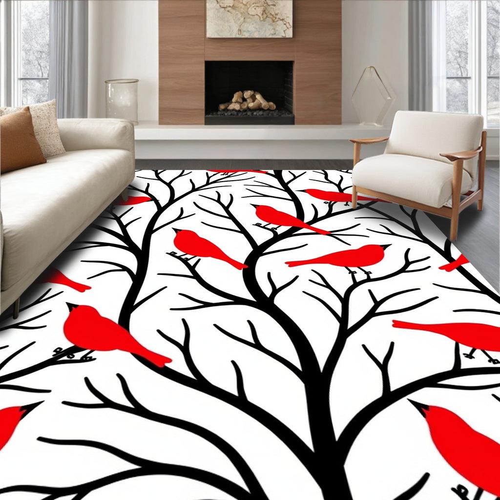 Vibrant Red Birds Black Branches Rug