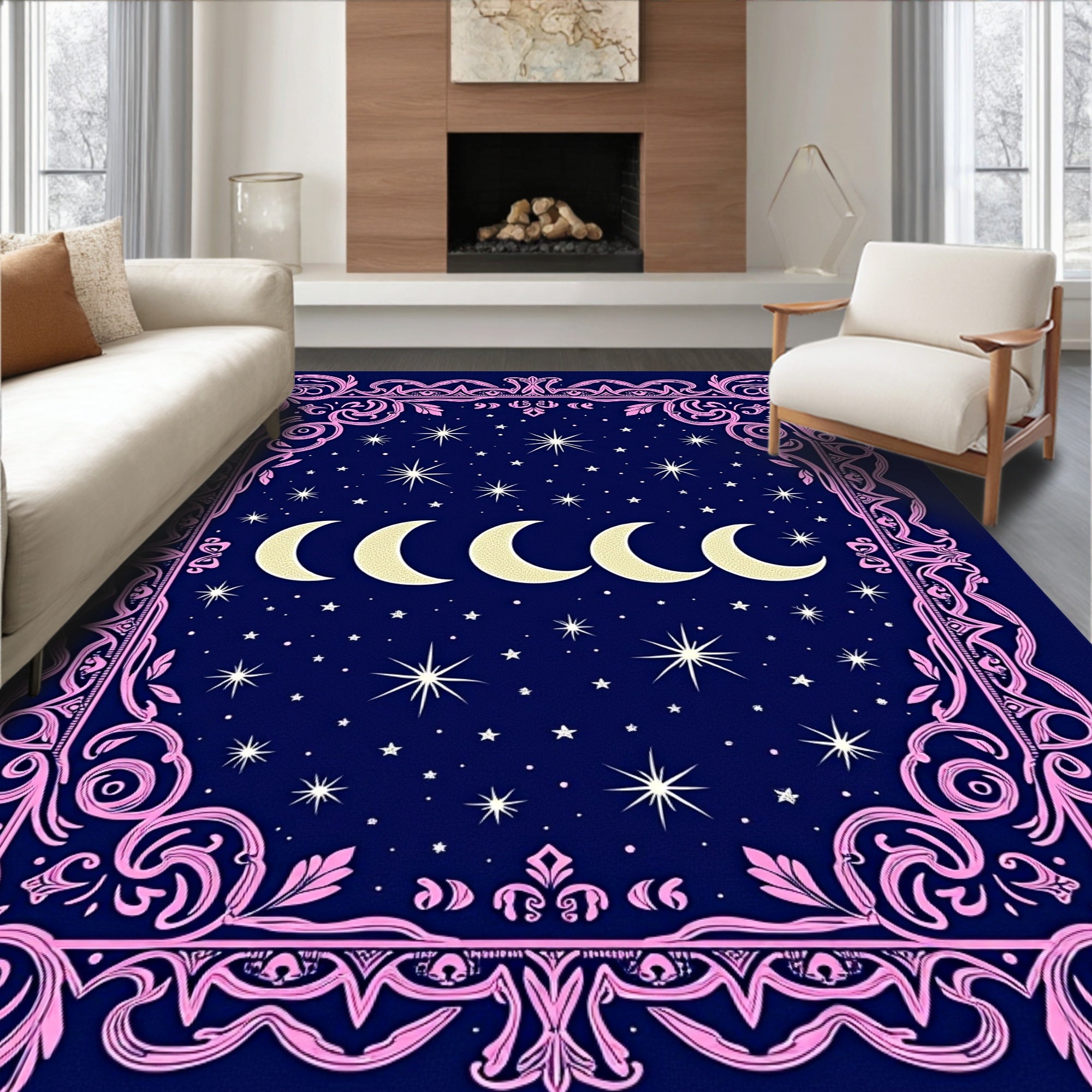 Celestial Moon Phases Star Pattern Rug