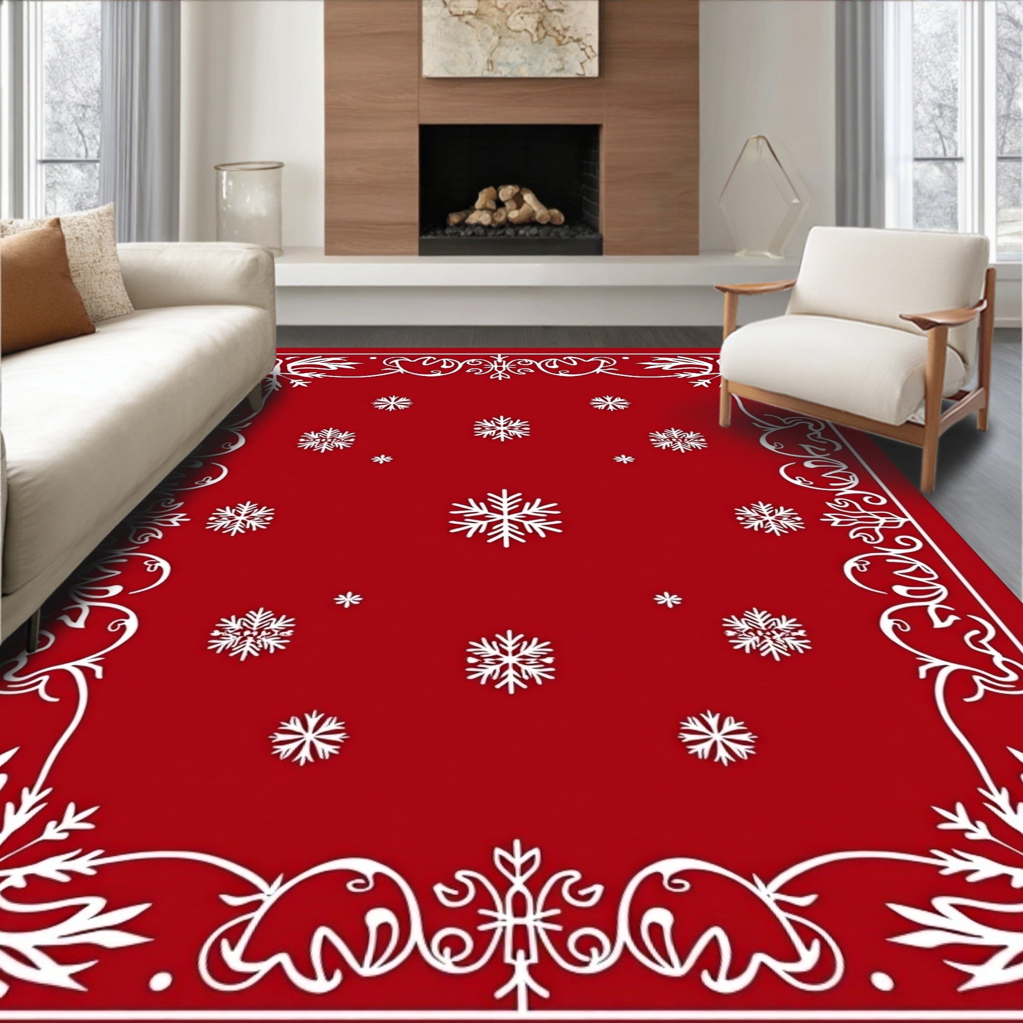 Red Snowflake Festive Border Design Rug