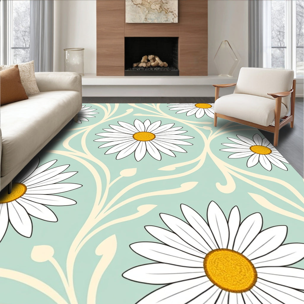 Delicate White Daisy Floral Pattern Rug