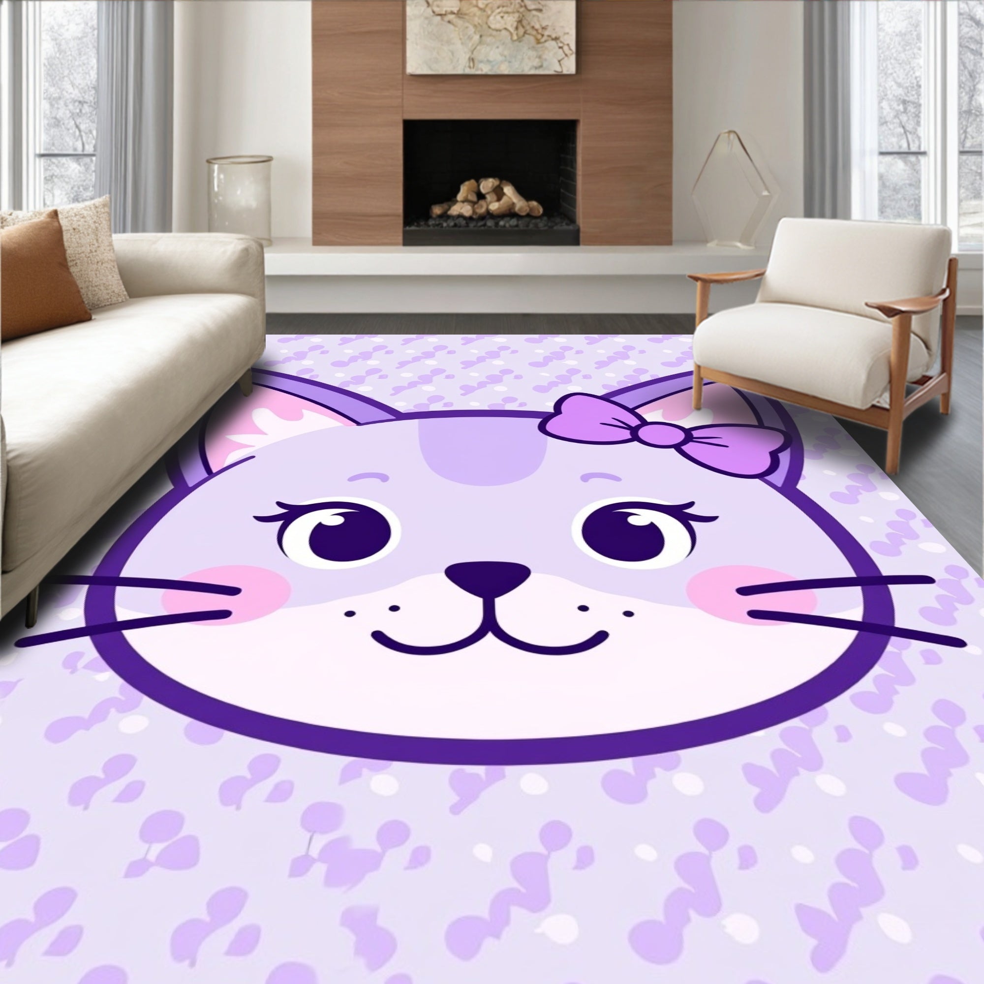 Cute Purple Kitty Bow Pattern Rug