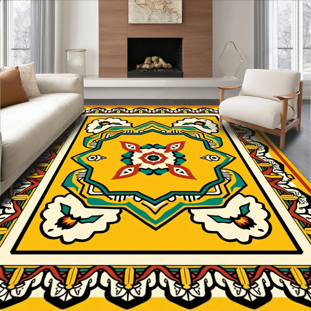 Yellow Floral Geometric Motif Rug