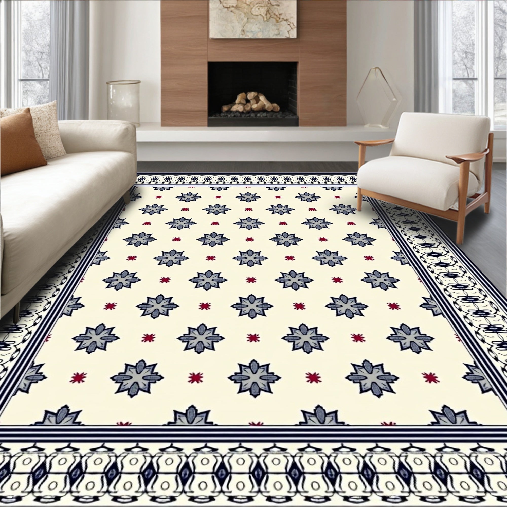 Dark Blue Floral And Geometric Vintage Rug