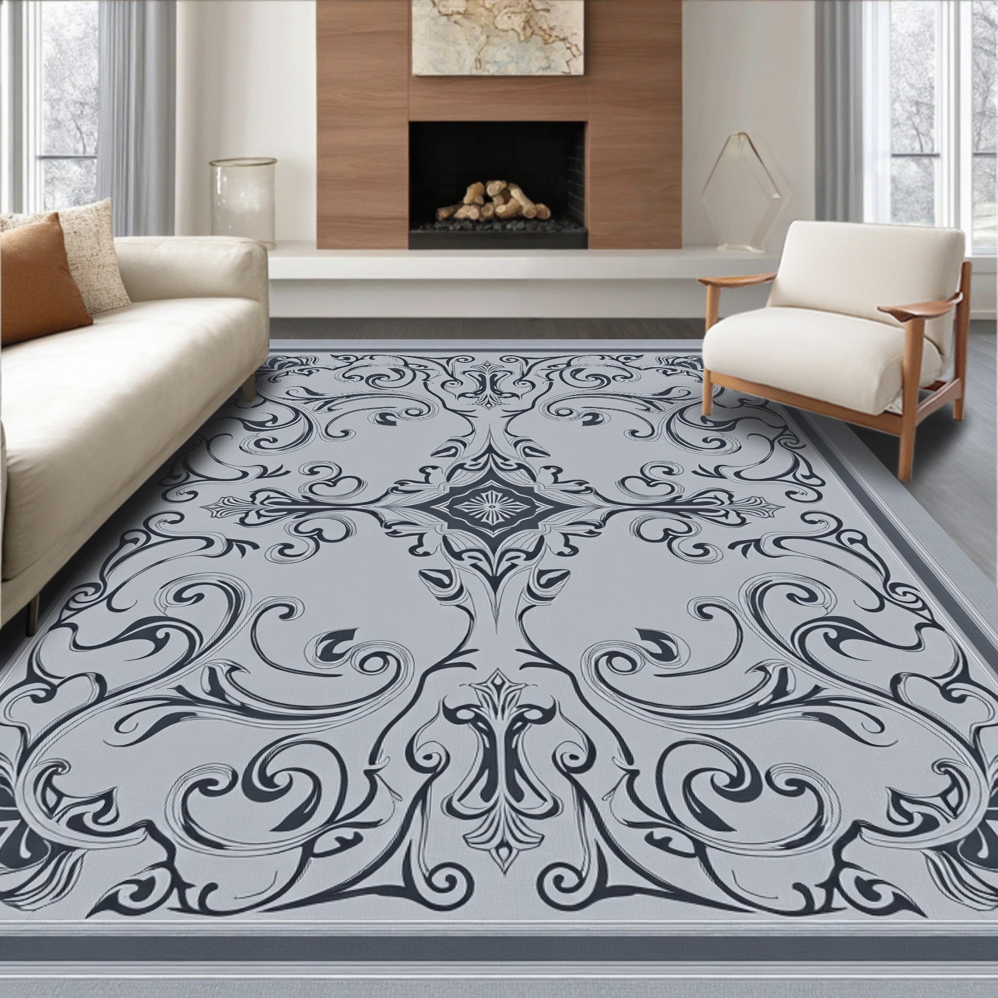 Ornate Scrollwork Grey Floral Square Design Rug
