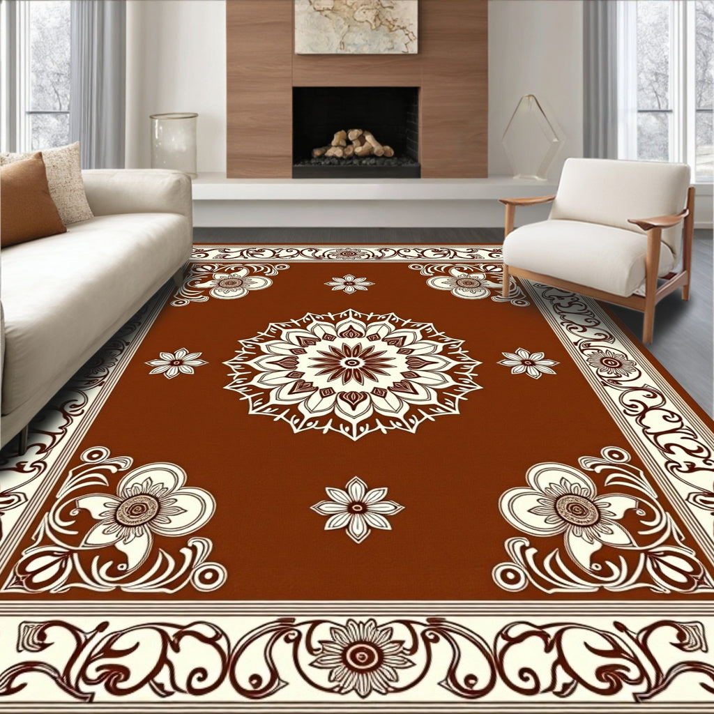 Brown Floral Mandala And Border Rug
