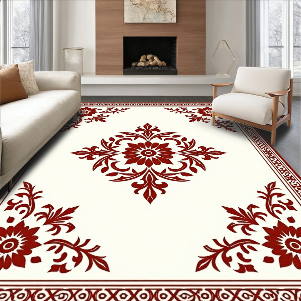 Damask Floral Crimson Border Rug