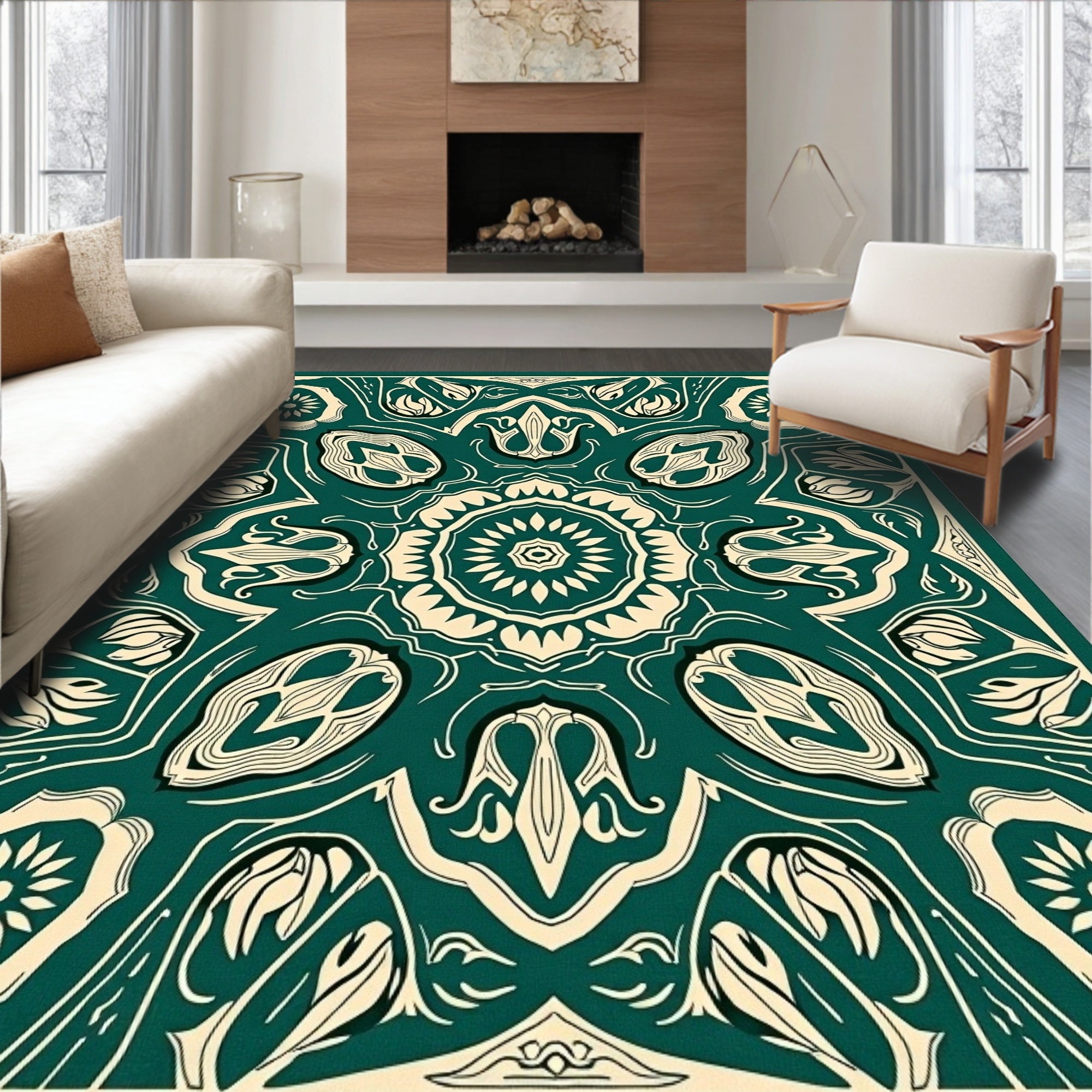 Intricate Floral Medallion Dark Teal Design Rug