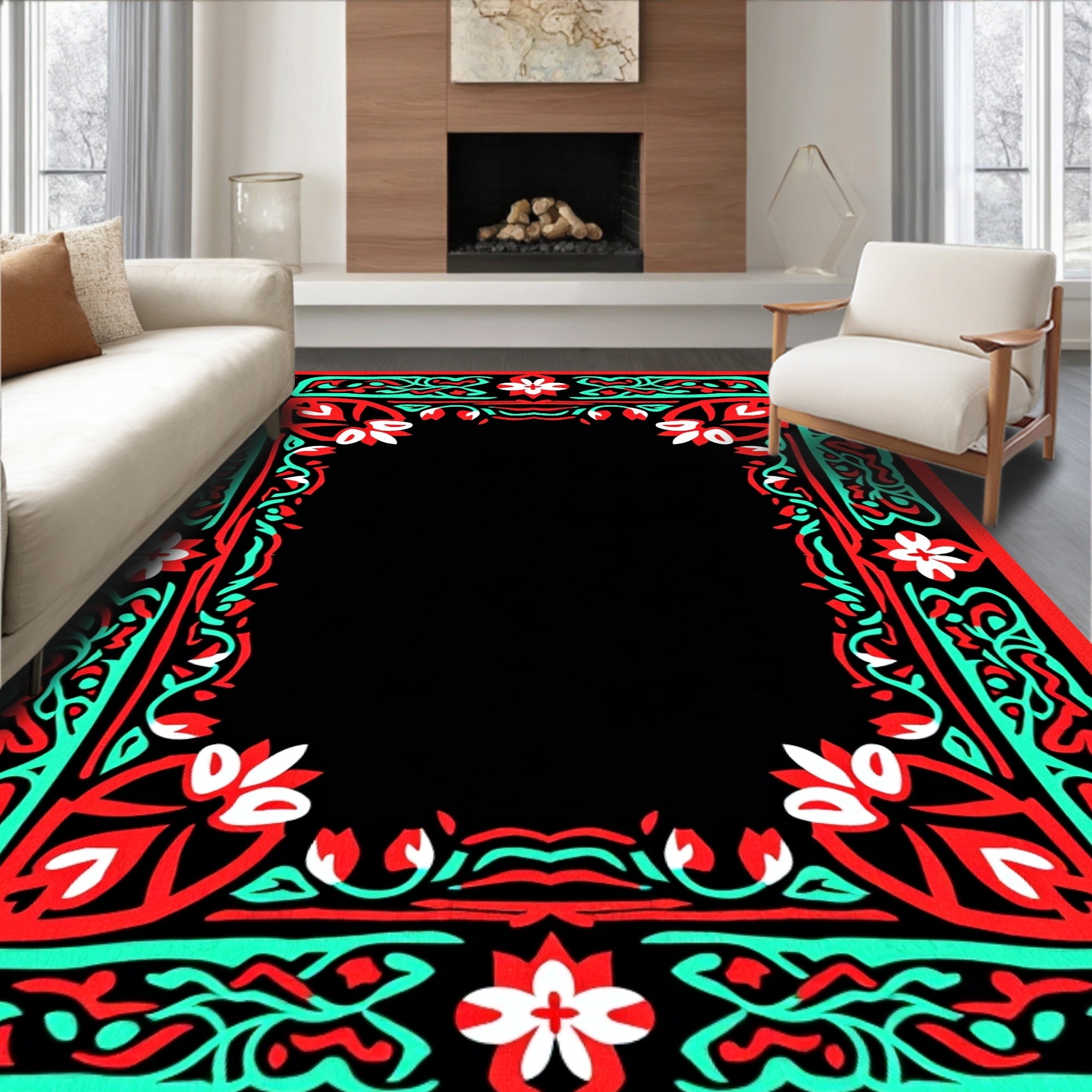 Bold Ornate Floral Border Design Rug