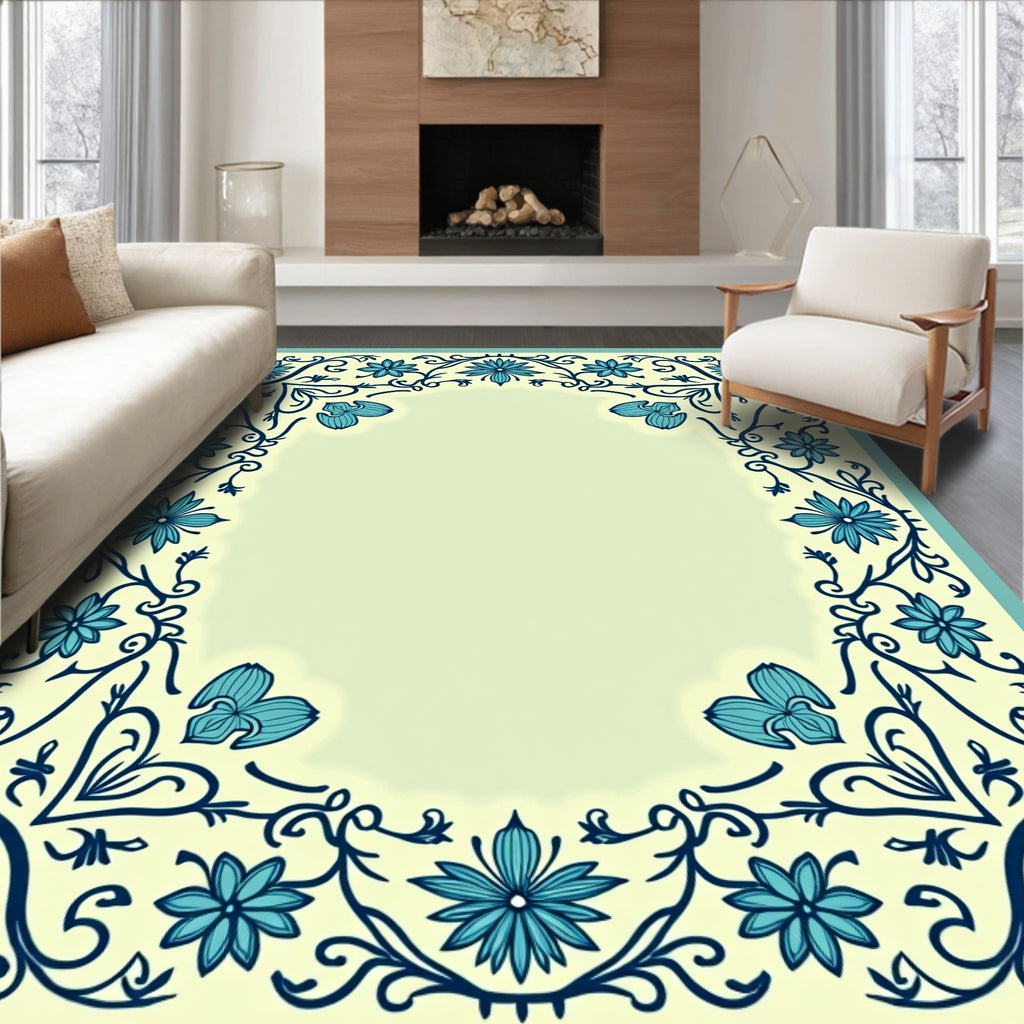 Vintage Blue Floral Scroll Work Rug