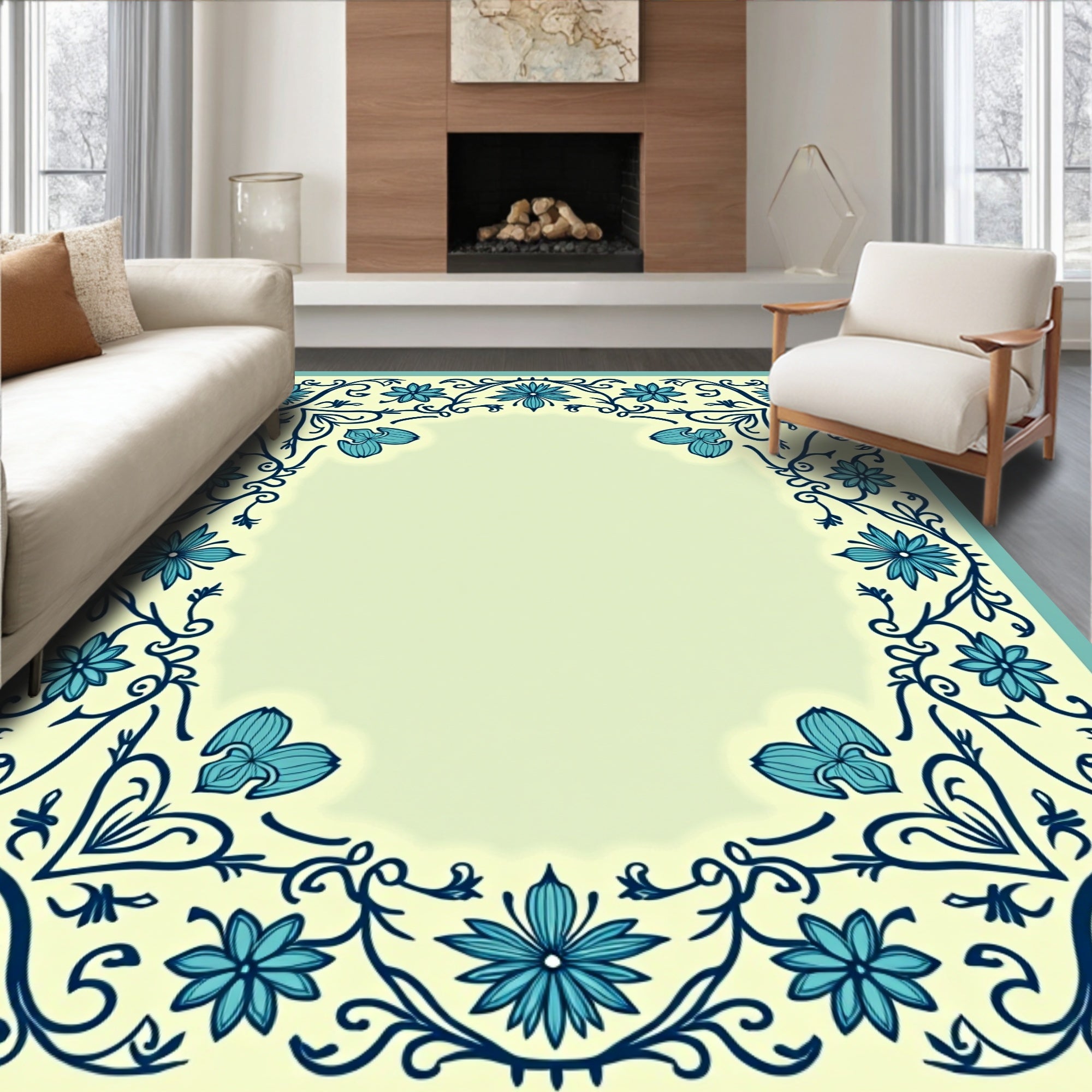 Vintage Blue Floral Scroll Work Rug