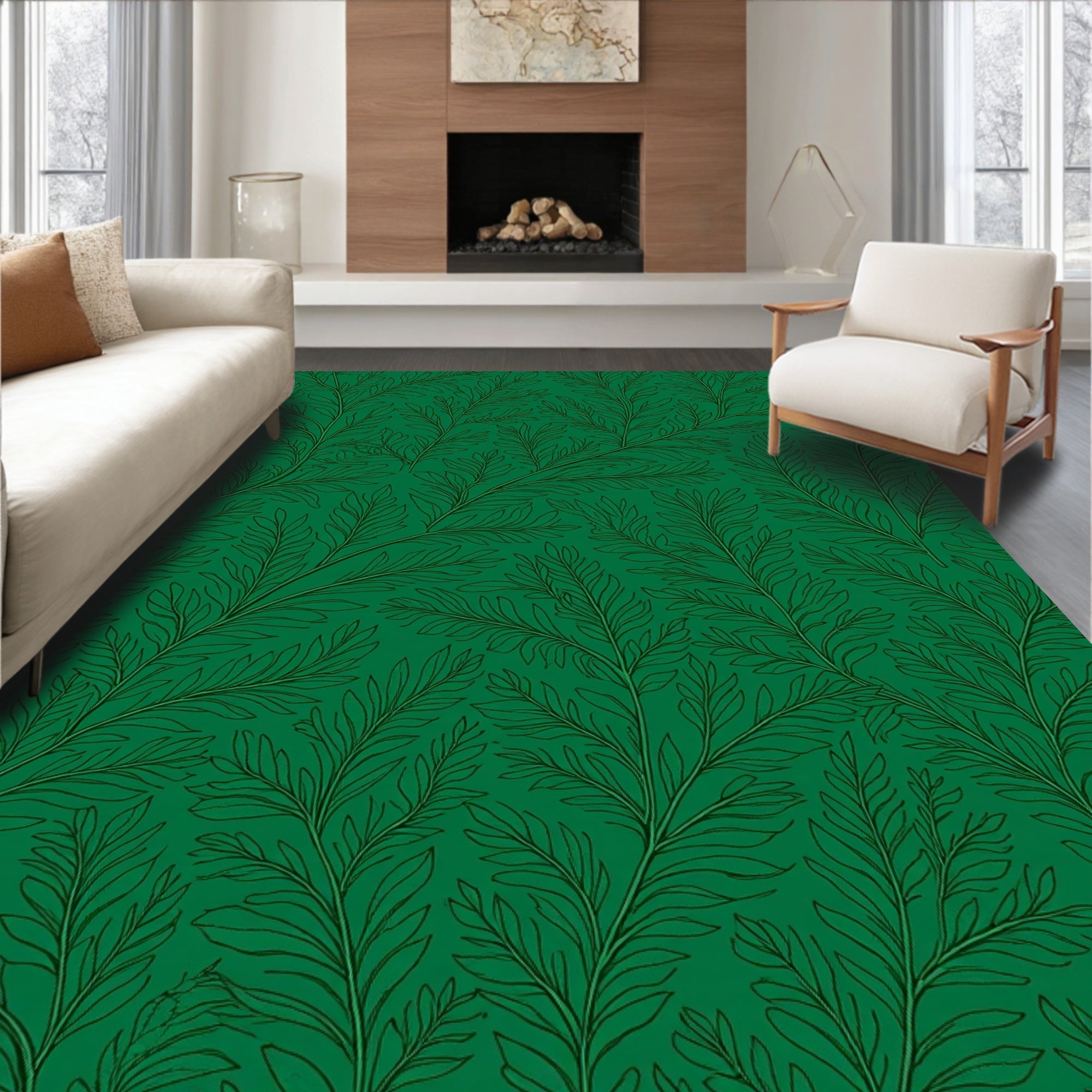 Emerald Green Leafy Vine Pattern Rug