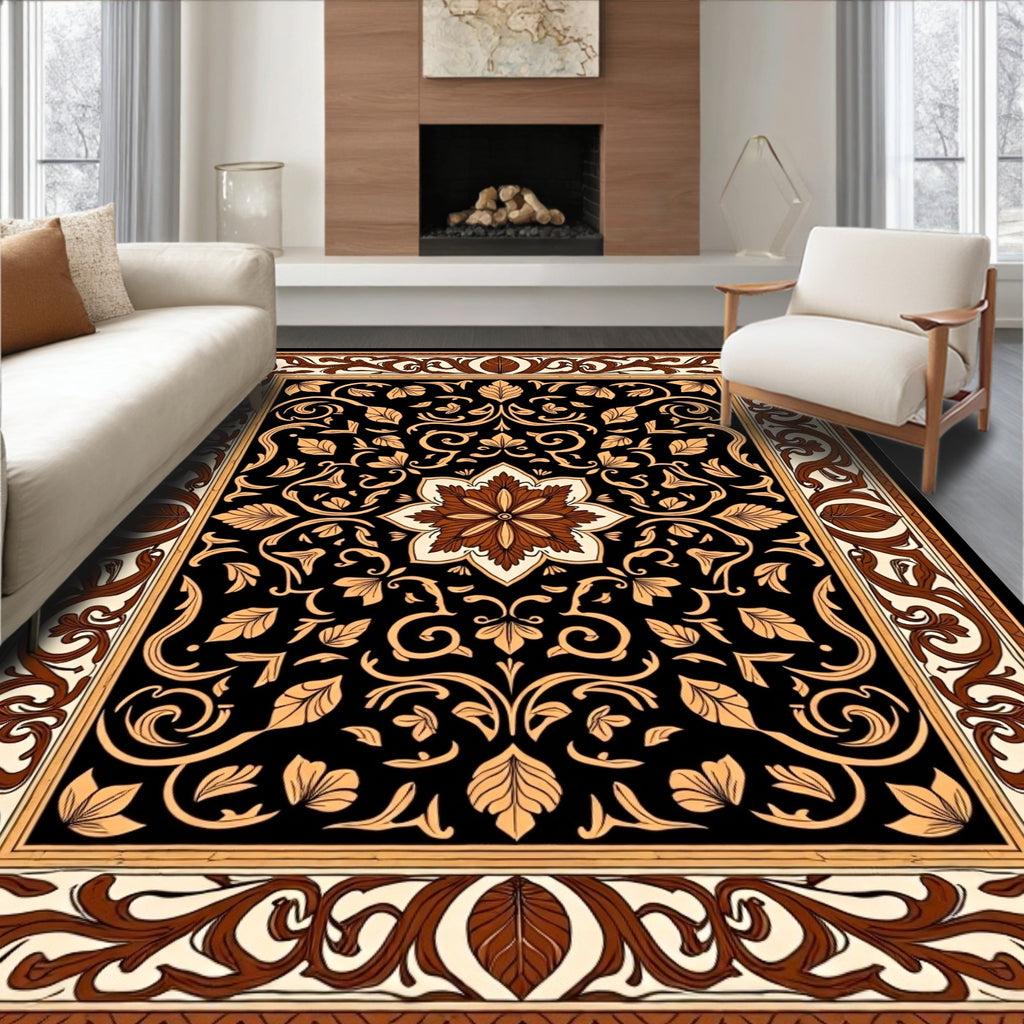Ornate Floral Black Brown Statement Rug