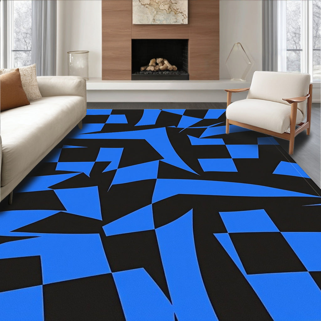 Abstract Blue Black Jagged Pattern Rug