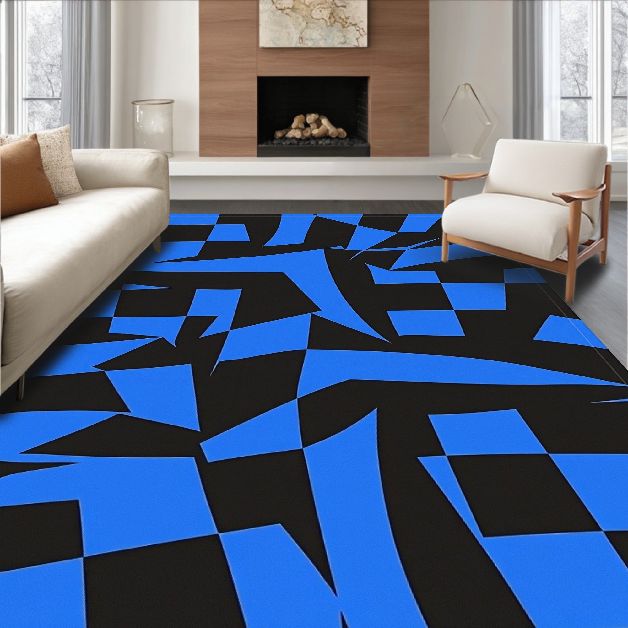 Abstract Blue Black Jagged Pattern Rug