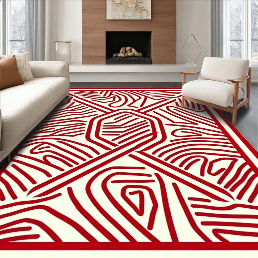 Red and Cream Abstract Line Art Rug