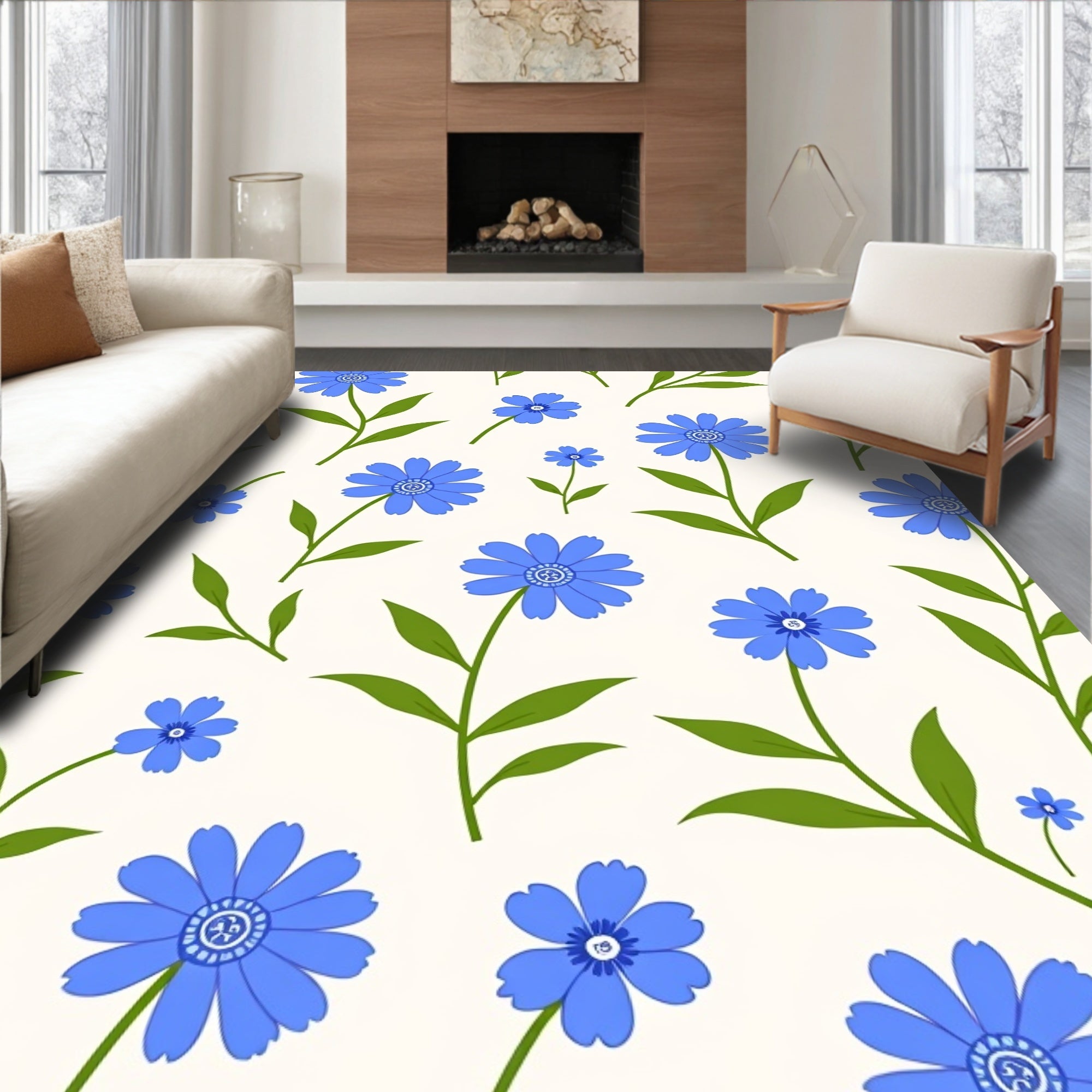 Blue Floral Patterned Garden Design Rug