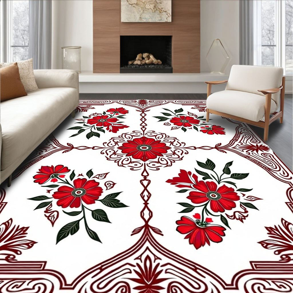 Red Floral Pattern On White Background Rug