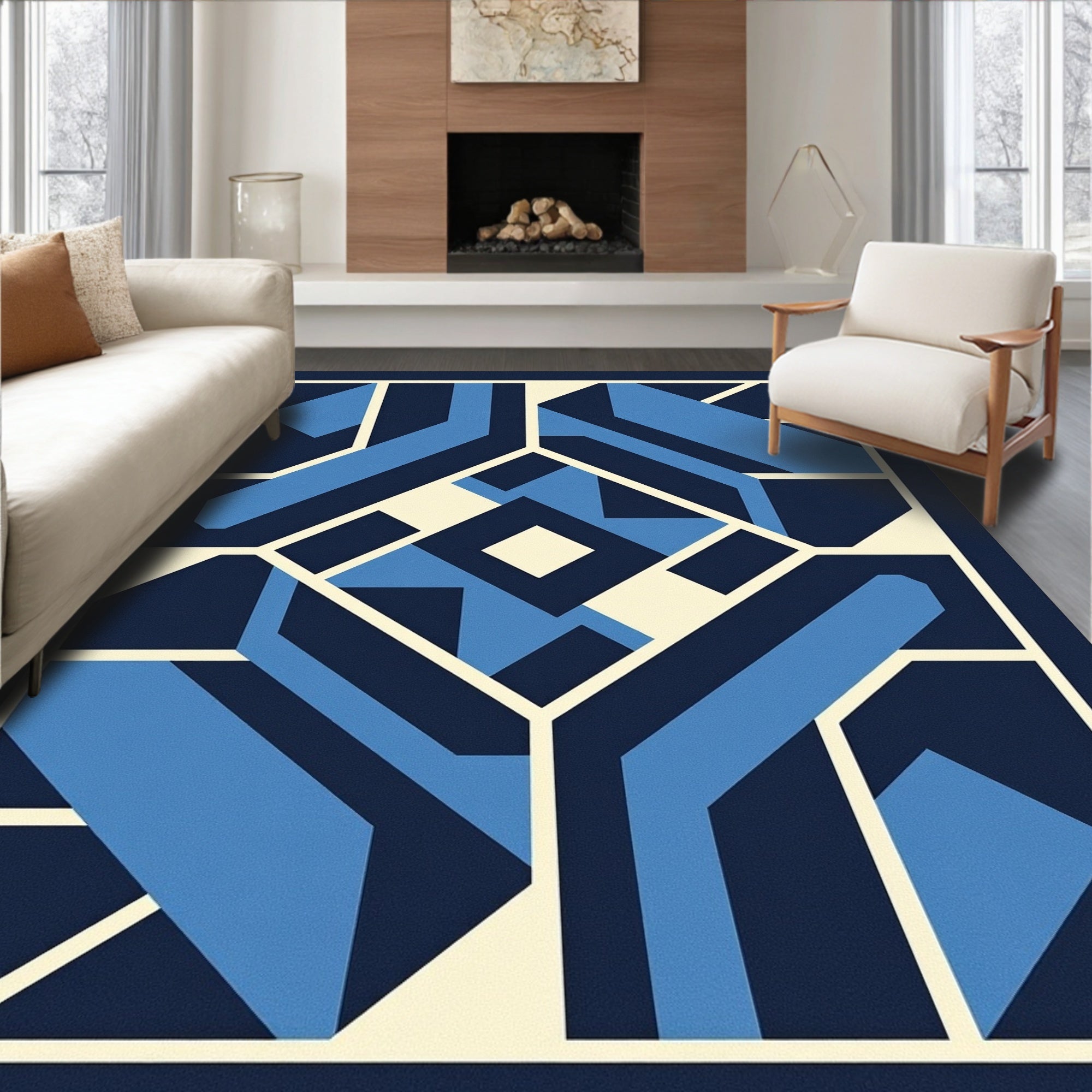 Modern Blue Cream Geometric Art Rug