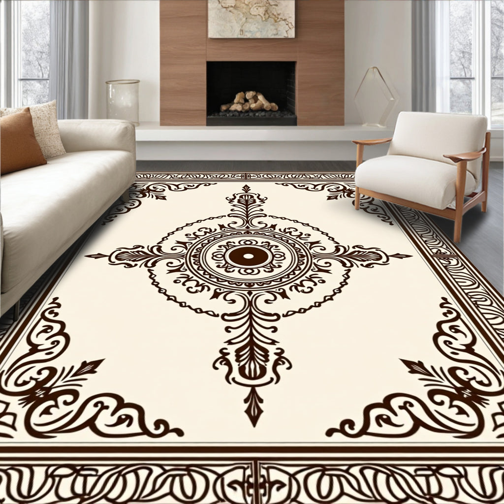 Dark Brown Ornate Scrollwork Design Rug