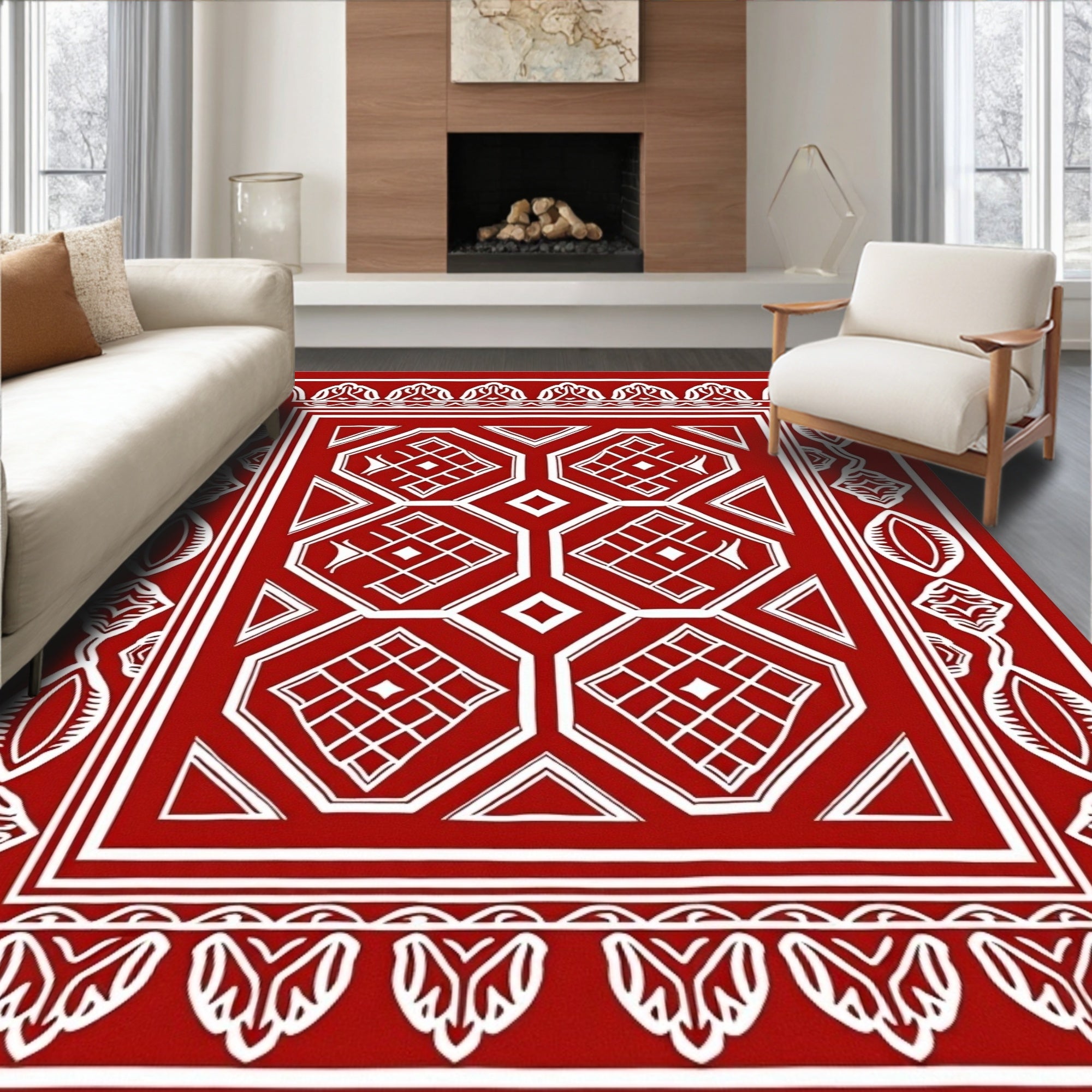 Red White Geometric Crystal Pattern Rug