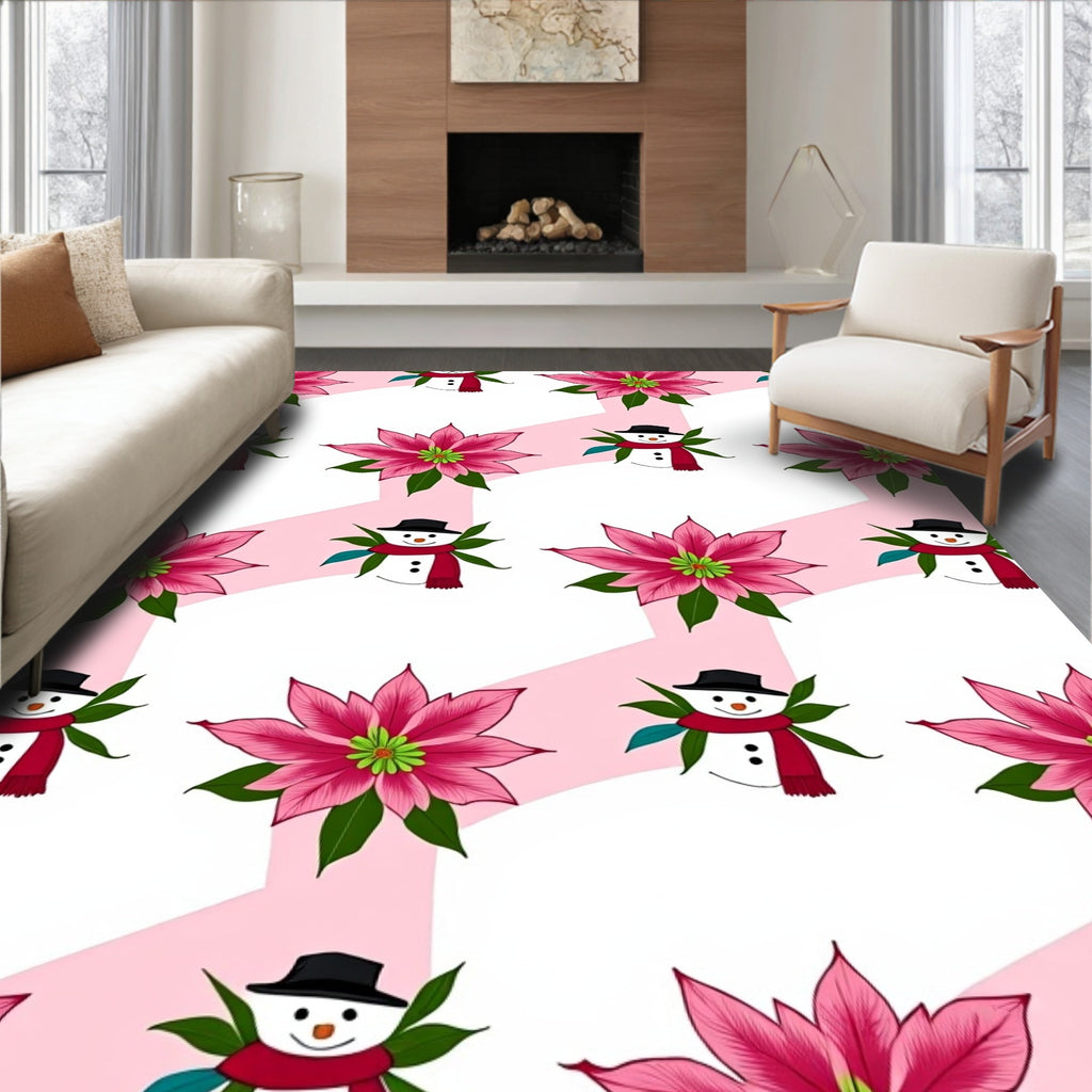 Pink Snowman Christmas Poinsettia Rug