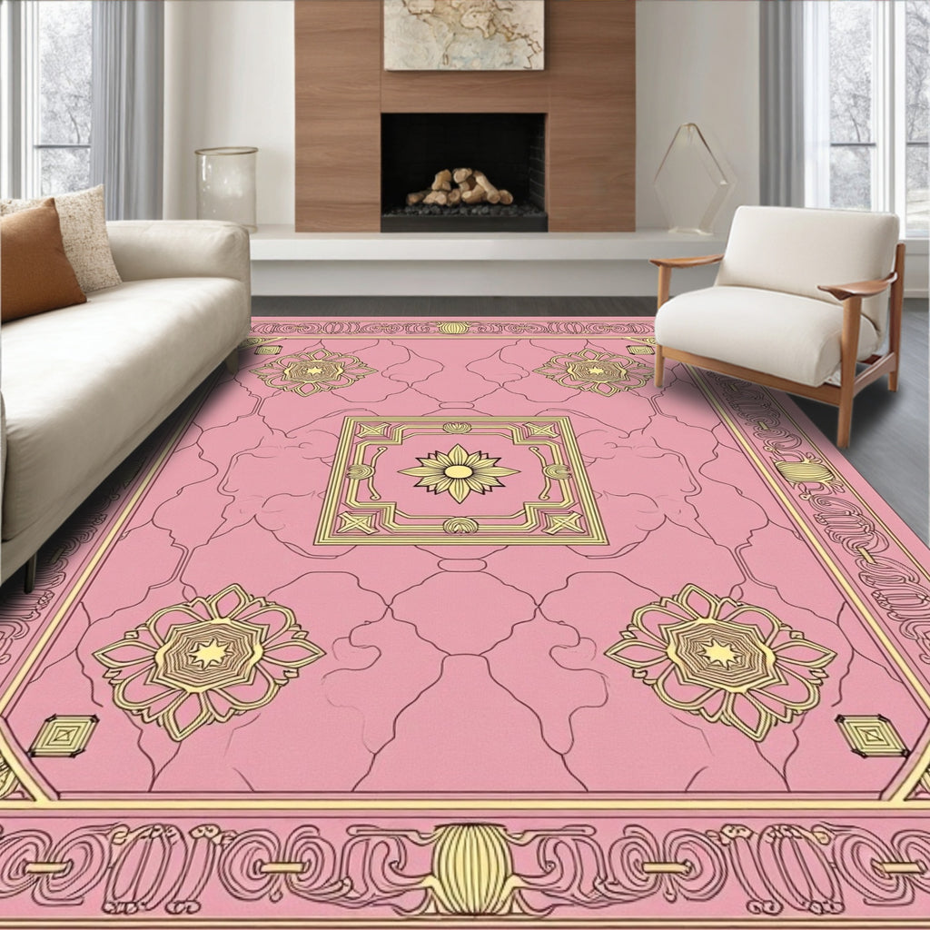 Pink Gold Floral Symmetry Pattern Rug