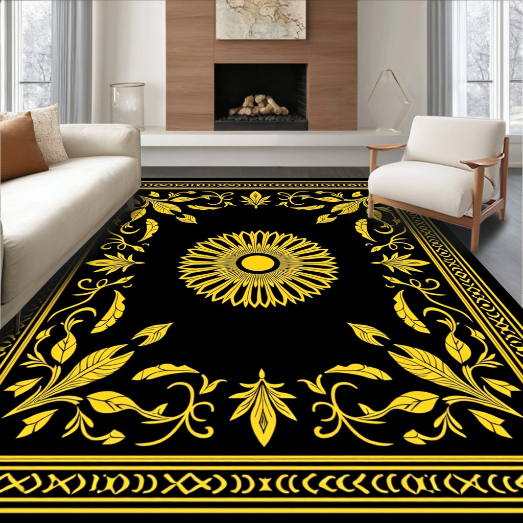 Golden Floral Sunburst Decorative Rug
